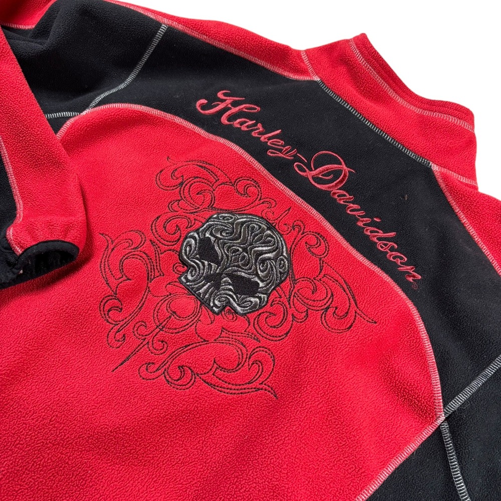 VTG Harley Davidson Fleece Jacket Womens XL Red Embroidered Skull Y2K Biker